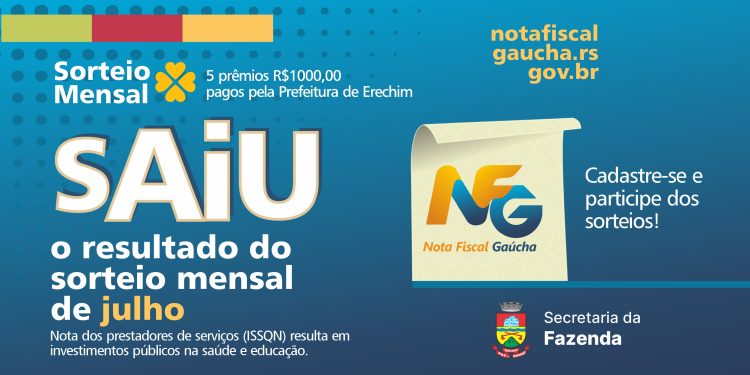 Nota Fiscal Gaúcha: ganhadores do sorteio do município de Erechim do dia 27/07/2023
