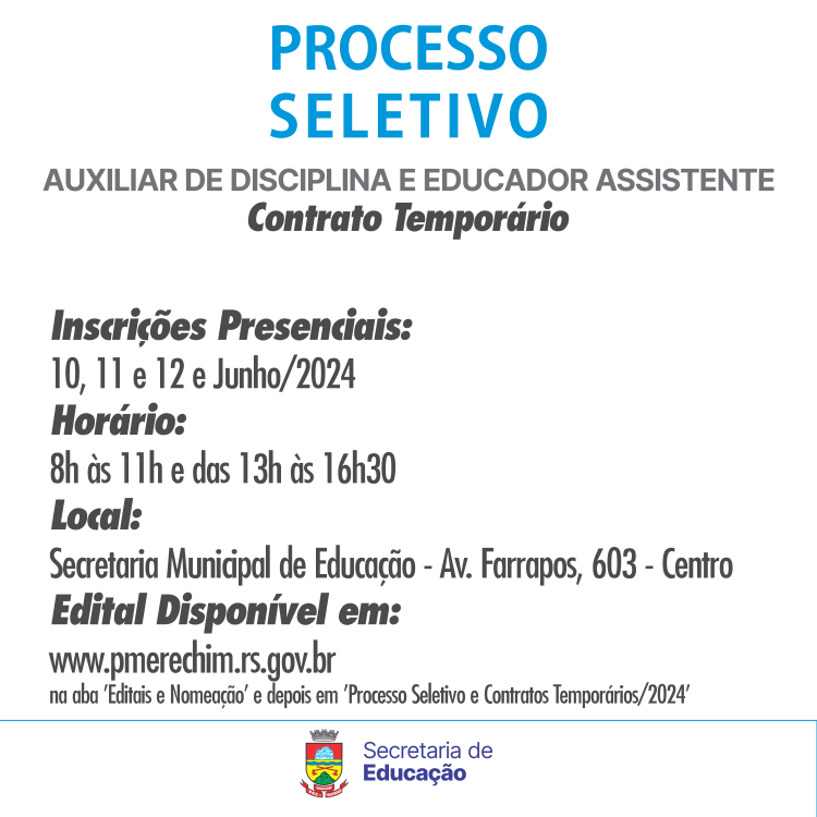 Secretaria de Educação abre inscrições para Auxiliar de Disciplina e Educador Assistente