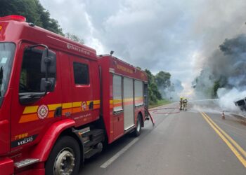 Caminhão com produto perigoso tomba e pega fogo na ERS-135